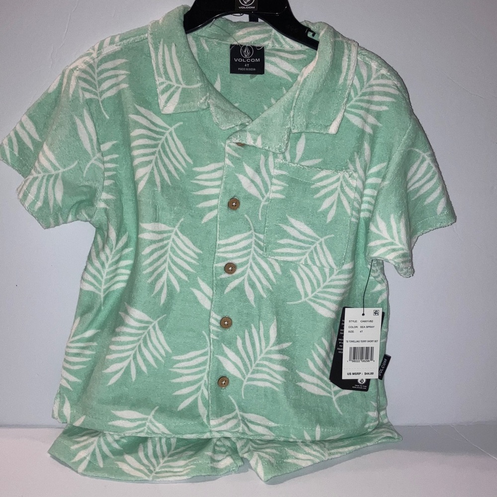 Volcom Kids Mint Leaf Button Down Shirt with Matching Elastic Shorts
